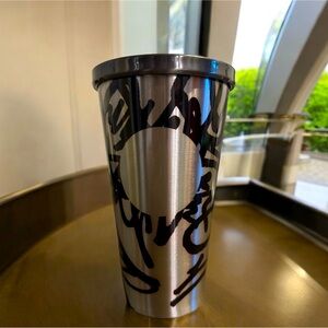 Starbucks Silver Black Graffiti Spray Paint Tumbler 16oz